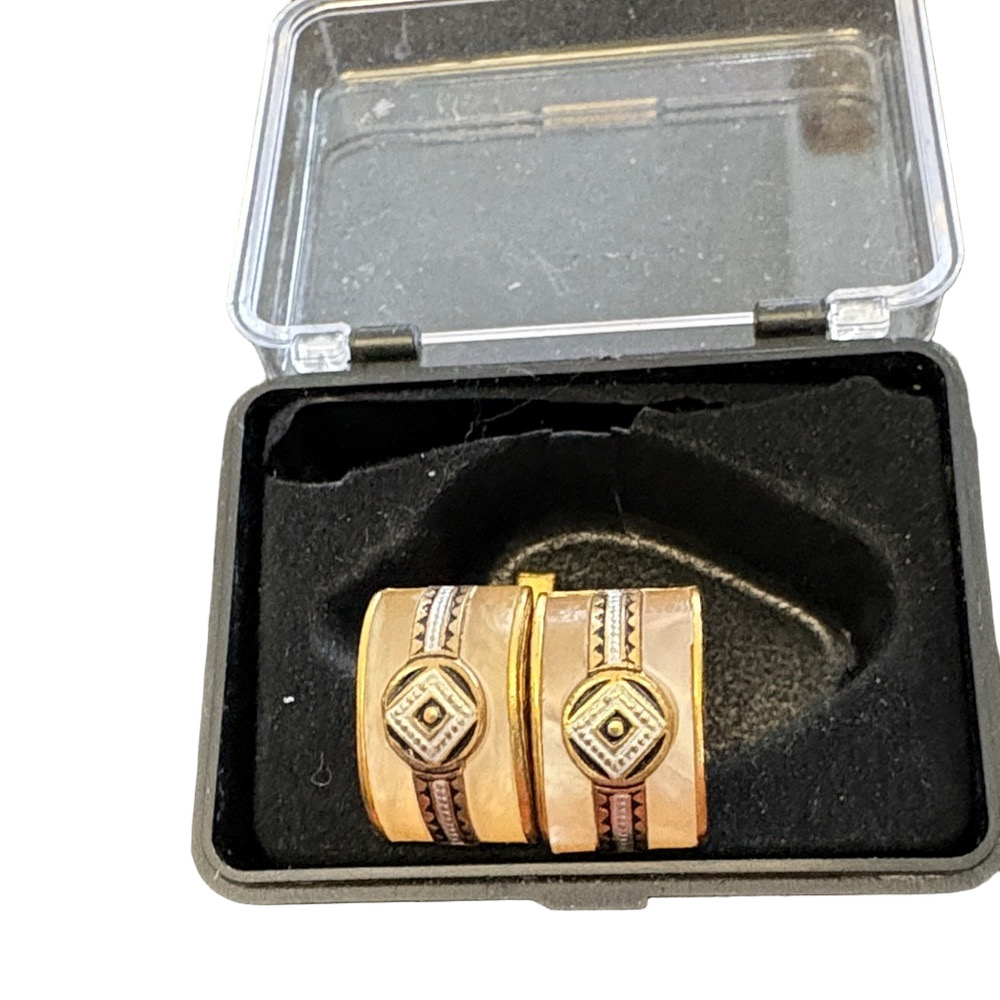 Vintage Damascene Gold-Tone and Rose Inlay Cufflinks From Toledo Spain